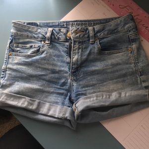 AE light denim midi shorts